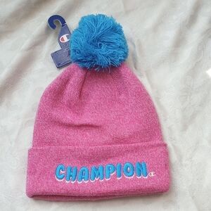 Champion Kids Beanie in Pink with Blue Pom-Pom